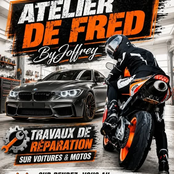 Visuel de l’Atelier de Fred avec une voiture et une moto